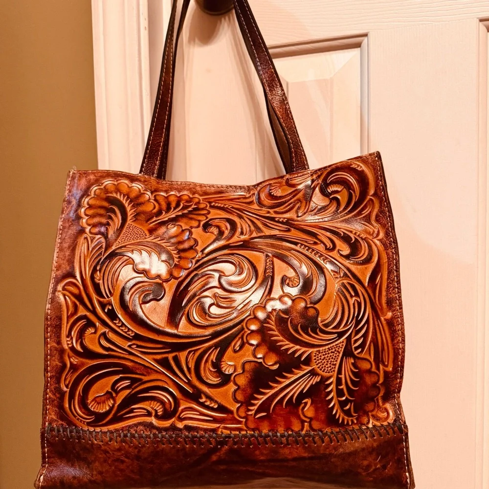 LIKE NEW! PATRICIA NASH TOSCANO BROWN TOOLED TUSCAN TOTE SHOULDER BAG!